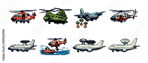 Various aircraft types: helicopters, planes, and military vehicles