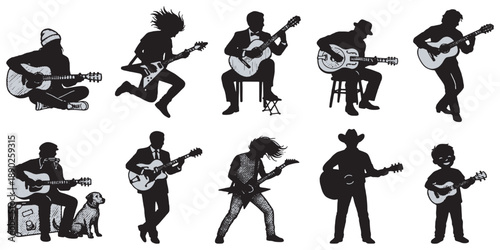 Collection of diverse silhouettes of people playing guitars in various poses and styles.