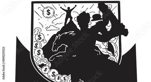 Silhouette of a man standing triumphantly on a pile of money