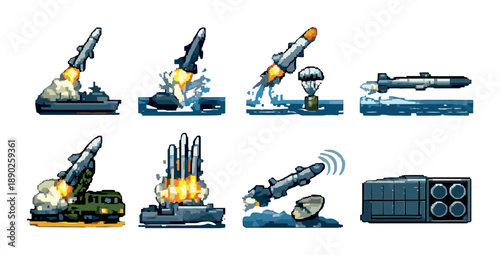 Pixel art illustrations of various missile launches and platforms