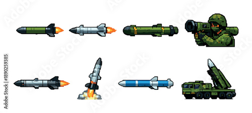 Pixel art rockets and military vehicles with soldier holding launcher