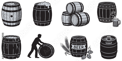 Collection of vintage wooden barrels and kegs, some filled with beer and decorated with hops and barley.
