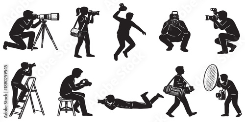 Collection of diverse photographer silhouettes in various poses and actions, capturing moments with cameras.