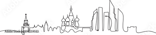 Single continuous line drawing of Moscow city skyline, Russia. Famous city scraper and landscape. World travel concept home wall decor poster print art. one line Icon drawing