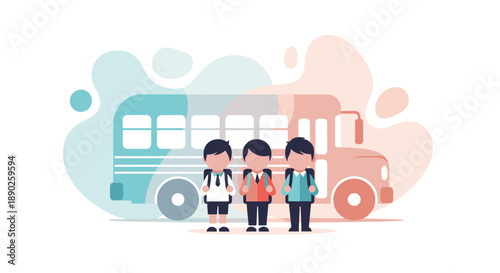 Three young students in school uniforms and backpacks standing in front of a school bus representing the beginning of the school day and the journey of education, Generative AI.