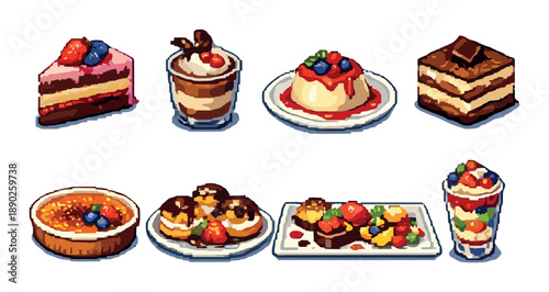 Pixel art desserts featuring cakes, pudding, and parfaits with berries and chocolate