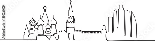 Single continuous line drawing of Moscow city skyline, Russia. Famous city scraper and landscape. World travel concept home wall decor poster print art. one line Icon drawing