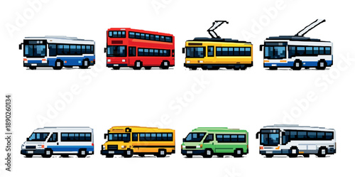 Retro pixel art of diverse public transport vehicles in different colors