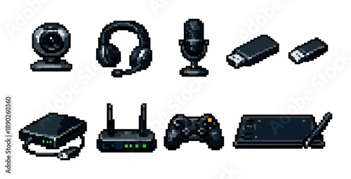 Pixel art tech gadgets: webcam, headphones, microphone, usb, router, game controller, tablet