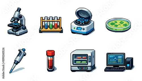 Colorful laboratory equipment illustrations: microscope, petri dish, centrifuge, test tubes