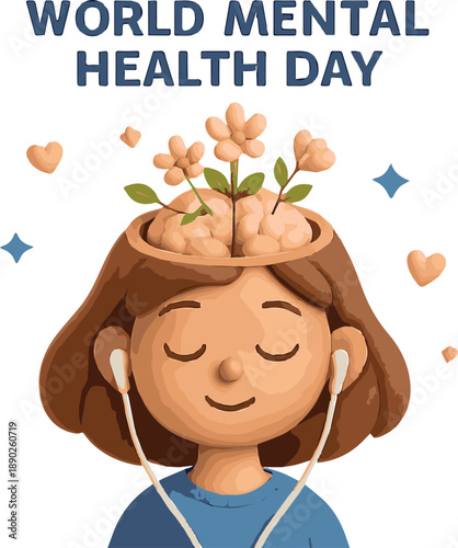 A 3D illustration for World Mental Health Day. The image features a cartoon girl with closed eyes and a serene expression, wearing earphones.