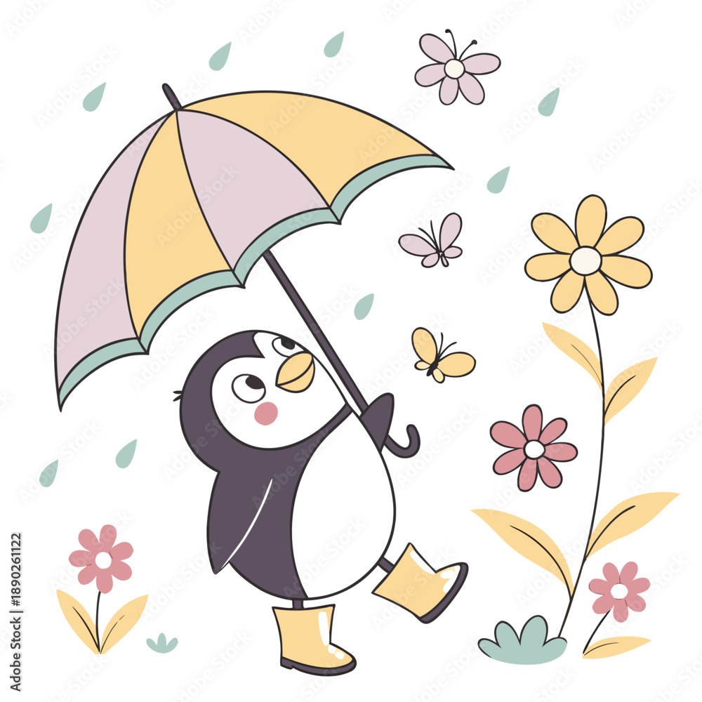 Obraz premium Cute Cheerful Penguin, accessorized with under an umbrella, in a Spring world – Blooming Renewal palette vector