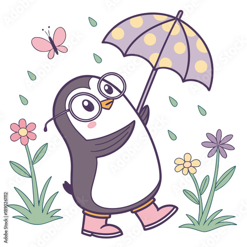 Shy Penguin with wearing glasses, set in a charming Spring theme – Blooming Renewal color vector art