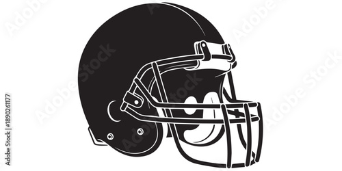 Black American football helmet silhouette icon vector isolated on white background,Black silhouette of a football helmet with protective face mask on white background