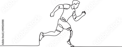 Single continuous line drawing disabled athlete runs on prostheses. Male disability runs. Disabled sportsman with amputated foot. Disabled sport, disability games. one line Icon drawing