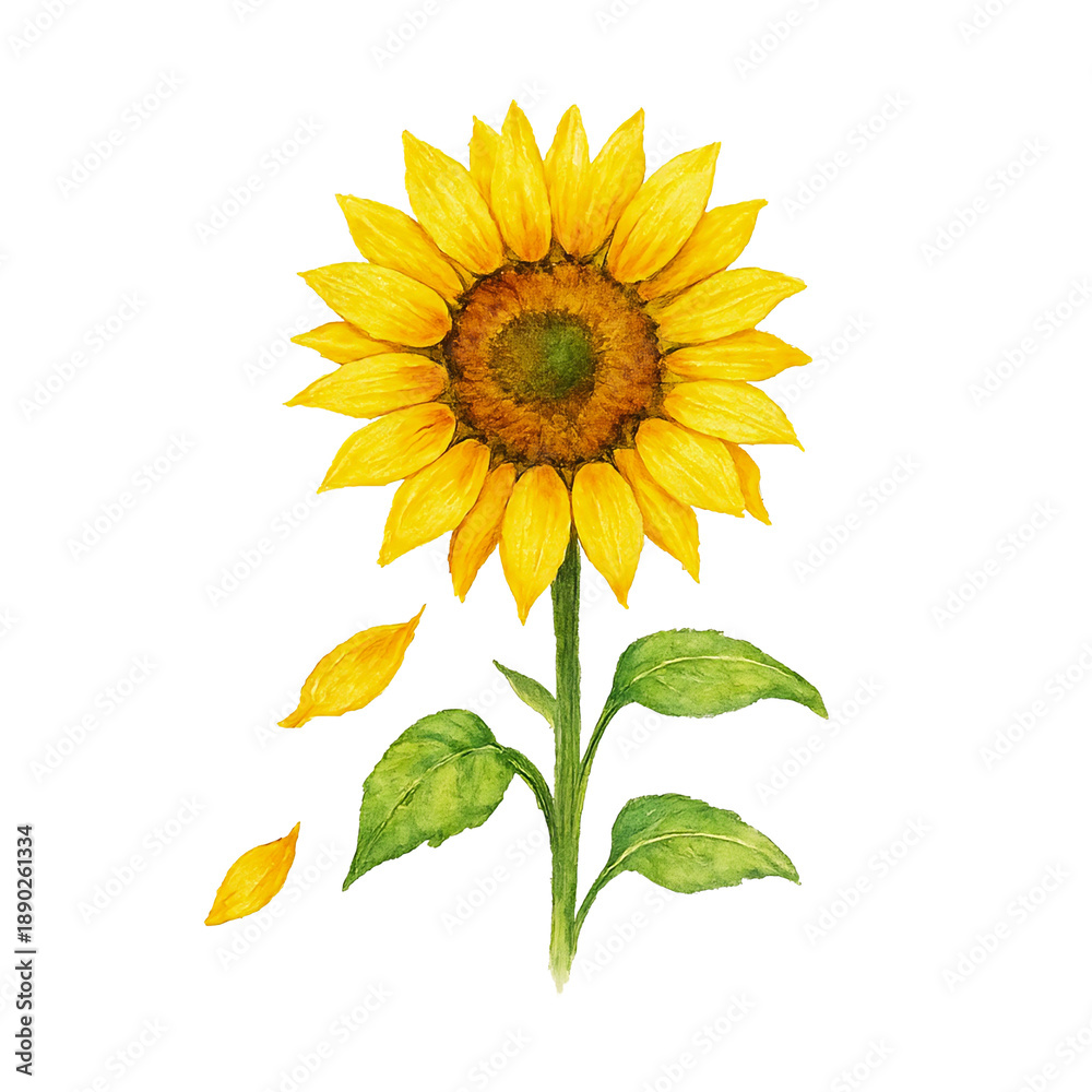 Obraz premium Watercolor Botanical Illustration of Sunflower with Falling Petals Isolated