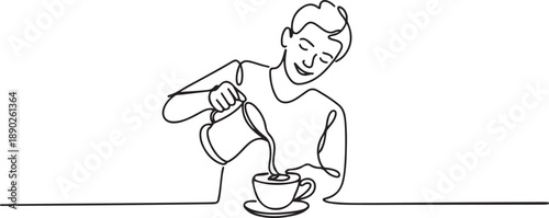 One single line drawing of young happy barista pouring hot chocolate coffee to cup above the table. Cafe drink menu concept. one line Icon drawing