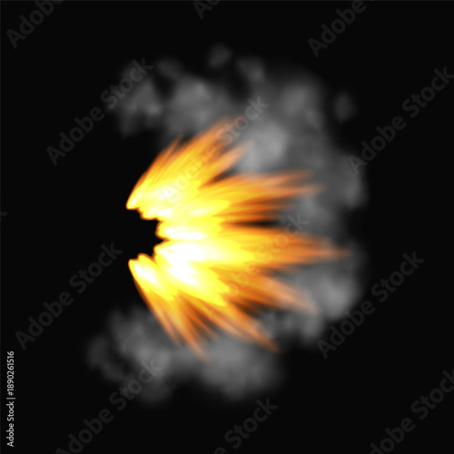Gun flashe or gunshot animation. Fire explosion effect during the shot with the gun. Cartoon flash effect of bullet start. Shotgun fire, muzzle flash and explode