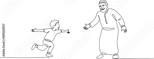Single one line drawing happy little boy running to hug his grandfather. Arab grandson visiting grandparents. Senior man welcoming grandchild at home. one line Icon drawing