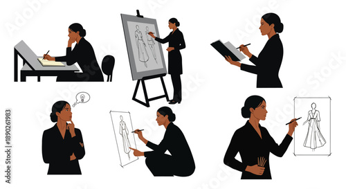 Female fashion designer concepting clothing sketches and ideas