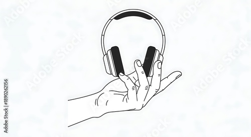 Minimalist line art illustration of a hand holding modern headphones.