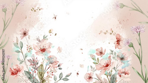 A delicate and vibrant floral arrangement featuring a variety of flowers, butterflies, and bees, set against a soft peach background with a white center.