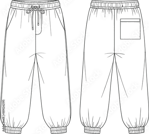 Jogger pants technical fashion sketch showing front and back views with elastic waistband, drawstring, cuffs and pocket details for apparel design, manufacturing and clothing pattern development