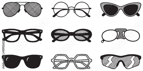 Collection of nine different styles of eyeglasses and sunglasses, hand-drawn in a simple black and white illustration.