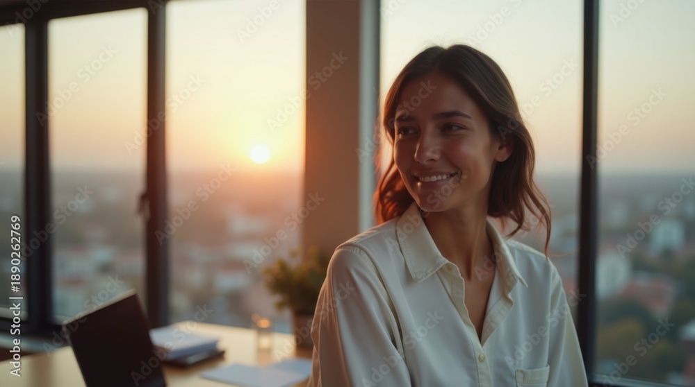Obraz premium Una mujer permanece tranquilamente junto a una gran ventana con vistas a un paisaje urbano o natural