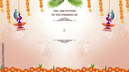 Vibrant Indian Wedding Invitation with Peacocks and Floral Decorations on a Gradient Background from a Straight-On Viewpoint