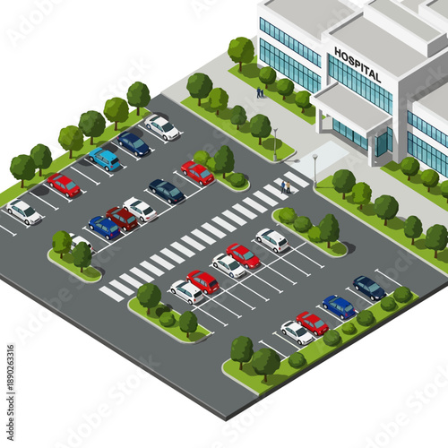 Isometric hospital parking lot with cars and trees.