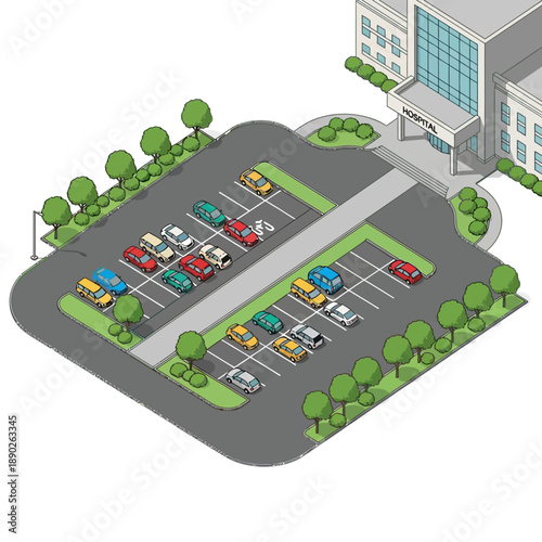 Isometric view of a hospital building with a parking lot full of cars.
