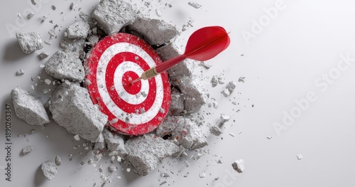A red dart pierces a bullseye embedded in a shattered concrete wall, symbolizing overcoming obstacles and achieving a goal