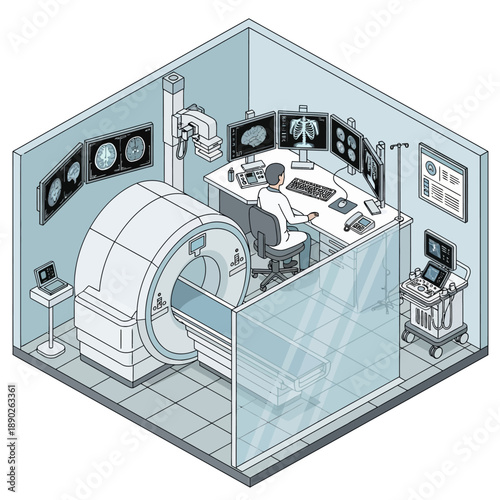 Medical Imaging Room with MRI Scanner and Technician.