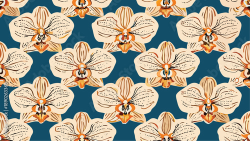 Vibrant teal background with repeating pattern of white and orange orchid flowers