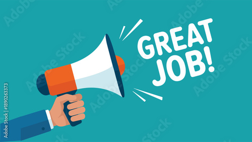 Great Job Marketing Badge with Megaphone, Positive Feedback and Recognition Vector Illustration. Megaphone with Great Job Speech Bubble, Praise and Achievement Concept Vector