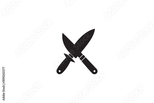 Two crossed kitchen knives on white background, cooking utensils, chef tools, culinary equipment