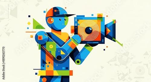Abstract Robot Filmmaker Capturing Footage with Vintage Camera.