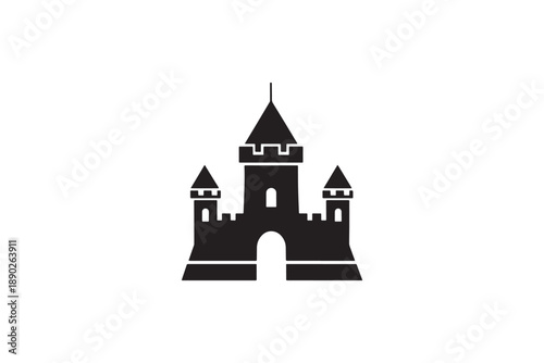 Black silhouette of medieval castle fortress with towers and central gate for fantasy game interface