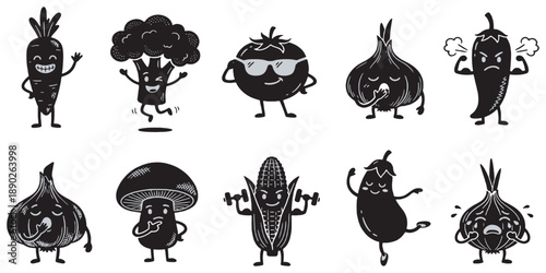 Collection of funny cartoon vegetables and fruits with expressive faces and actions, isolated on white background.
