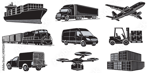 Collection of various transportation and logistics vehicles and equipment, including a cargo ship, truck, airplane, train, van, forklift, pickup truck, drone, and shipping containers.