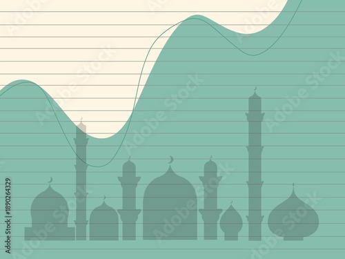 Lined sheet of paper with a silhouette of a mosque theme for the month of Ramadan, green and cream color, 