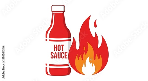 Red Hot Sauce Bottle Next to a Fiery Flame Illustration.