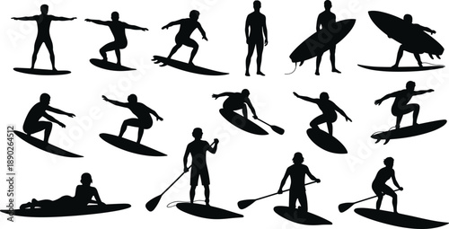 Surfing silhouette illustration set featuring surfers riding waves, paddle boarding and surfboard poses, extreme water sport action collection isolated on white background