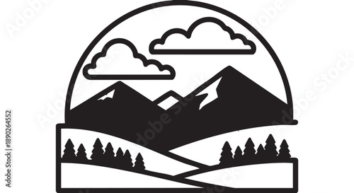 Serene Mountain Landscape with Rolling Hills and Trees under Cloudy Sky