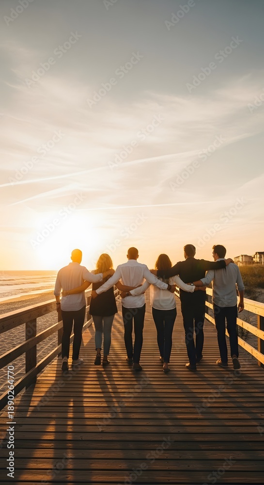Fototapeta premium A group of six individuals standing together on a wooden pier, embracing and looking out at the ocean during a beautiful sunset