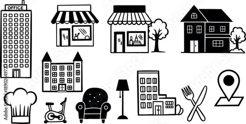Minimalist black and white icons set featuring office building, storefronts, house, chair, lamp, and location pin symbols collection