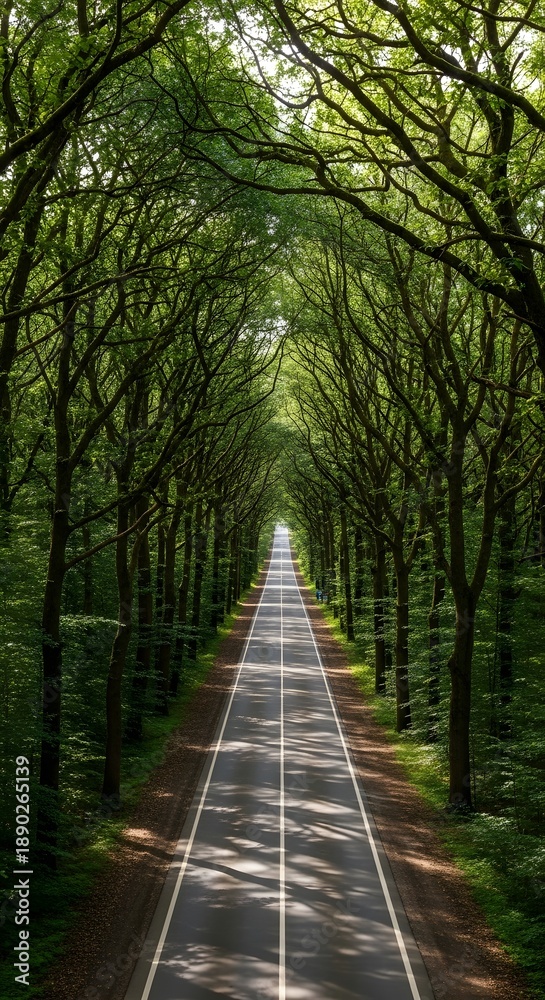 Obraz premium An endless road through a dense, green forest canopy, evoking a sense of adventure and tranquility