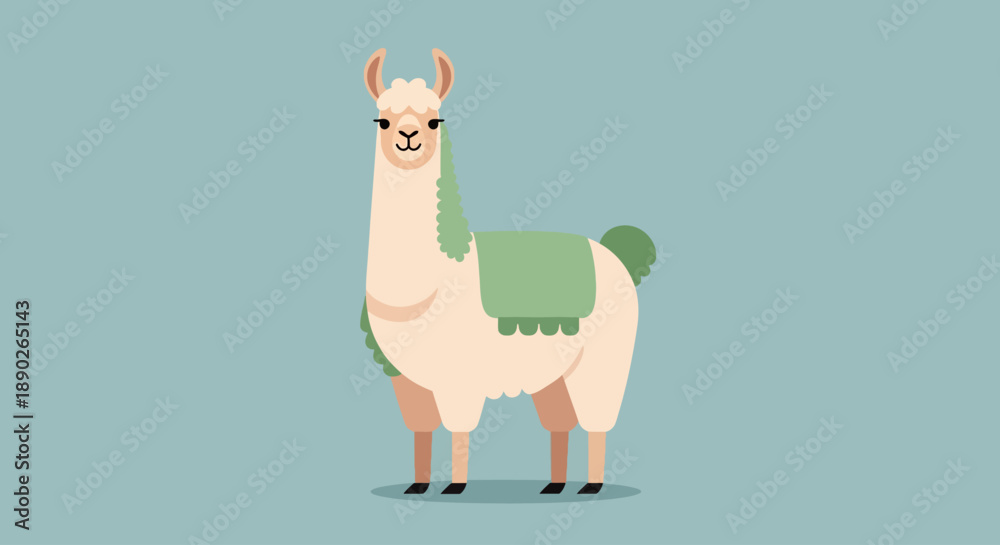 Obraz premium Cute cartoon llama standing on a plain background with a decorative green blanket.