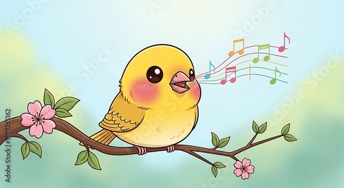 Cheerful Yellow Bird Singing on a Branch with Flowers.